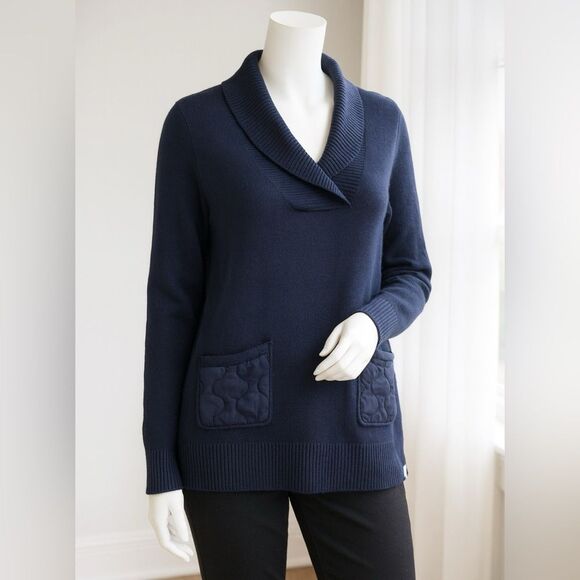 Talbots Women's Blue Shawl Collar Cardigan Sweater L Quilted Pockets - Picture 2 of 7